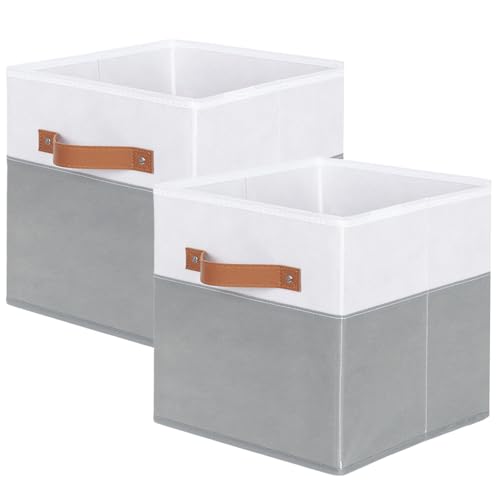 powerking boîte de rangement en tissu, lot de 2 tiroirs de boîte de rangement en tissu pliable avec poignée pour rangement armoire et jouets, 27x27x28cm, Blanc + Gris Clair