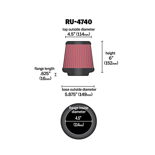 Image of K&N High-Flow Original Lifetime Universal Clamp-On Air Filter: High Performance, Premium, Washable: Flange Diameter: 4.5 In, Filter Height: 6 In, Flange Length: 0.625 In, Shape: Round Tapered, RU-4740