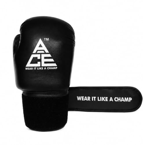 Image of ACE Genuine Leather Boxing Gloves | Adult Training Gloves for Sparring | Shock Absorbing Padding | Secure Wrist Strap | Punching Bag Workout | Black | 14 oz