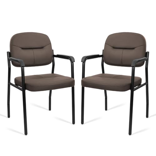 CLATINA Leather Guest Chair Sets of 2 Office Reception Chair No Wheels with Armrests and Lumber Support Ergonomic Desk Armchair for Meeting Waiting Conference Lobby Room Brown