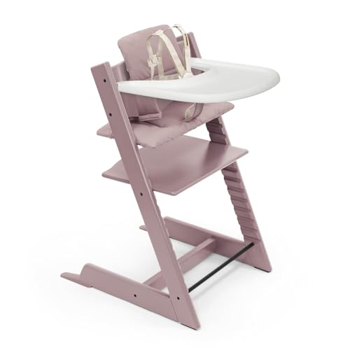 Image of Stokke Tripp Trapp High Chair 2 (Heather Mauve), Cushion 2 (Heather Mauve) + Stokke Tray (White) - Includes Chair + Baby Set with Removable Harness for Children 6-36 Months