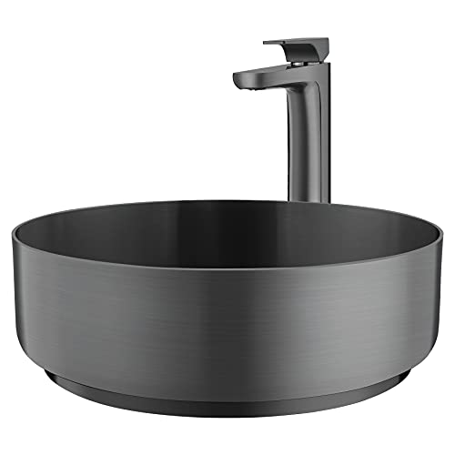 Akdy All-In-One Round Stainless Steel 15.8 In. X 15.8 In. 11-Gauge Vessel Bathroom Sink In Gun Black With High Arc Faucet And Pop-Up Drain In Brushed Gun Black #TOP3