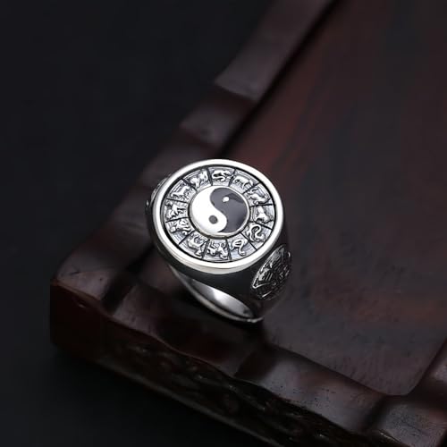 Vintage 925 Sterling Silver Yin Yang Spinner Ring Chinese TAI CHI Bagua Ring with 12 Zodiacs for Men Open Adjustable3