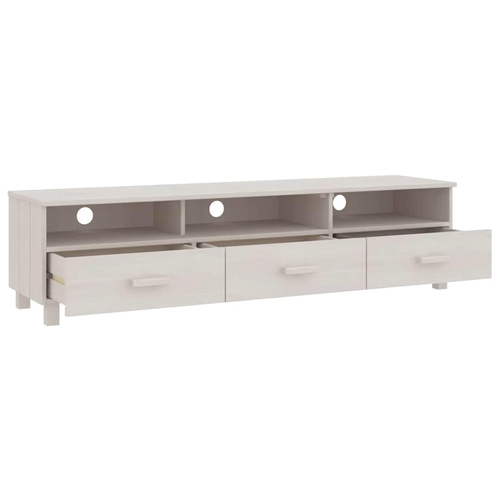 Szafka pod telewizor biała 158 x 40 x 40 cm, lite drewno sosnowe z 3 szufladami, 3 półkami, kanał kablowy i półka do salonu, sypialni, kina domowego