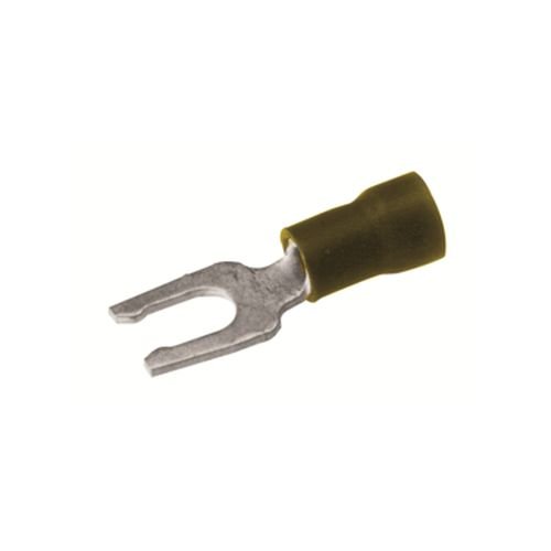Burndy TP10-8LF Vinylug Polyvinylchloride Insulated Terminal with Locking Fork Tongue, 12-10 Wire Range, 6-8 Stud Size, 0.31" Width, 0.98" Length, 19/64" Wire Strip Length (Pack of 50)