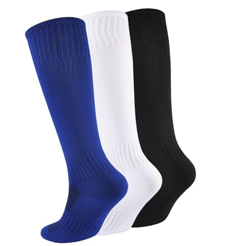 Hakugoo Kids Soccer Socks - Boys Knee High Football, Baseball, Softball Athletic Socks for Youth 10-14 Years, 3 Pairs (Black+White+Blue, L)