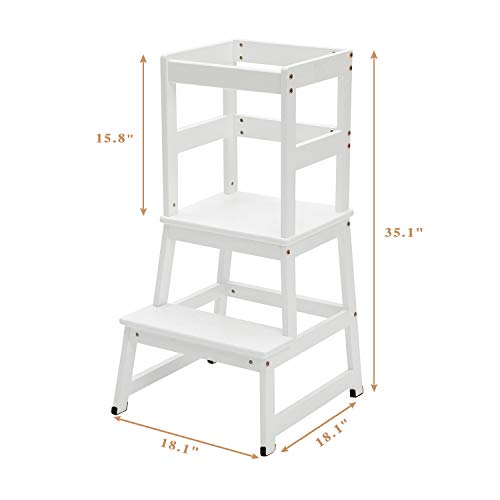 Mangohood Kitchen Helper Step Stool for Kids and Toddlers with Safety Rail Children Standing Tower for Kitchen Counter, Mothers\' Helper Kids Learning Stool, Solid Wood Construction (White)