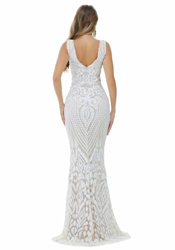 Image of Women's Wedding Bridesmaid Gown Sequined Mermaid V Neck Sleeveless Evening Dress