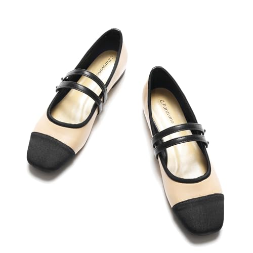 C.Paravano Mary Jane Shoes for Women, Women's Square Toe Flats, Comfortable Mary Jane Flats, Slip On Dress Ballet Flat, Walking Beige Shoes for Casual Work Party Wedding (Size 7,Beige)