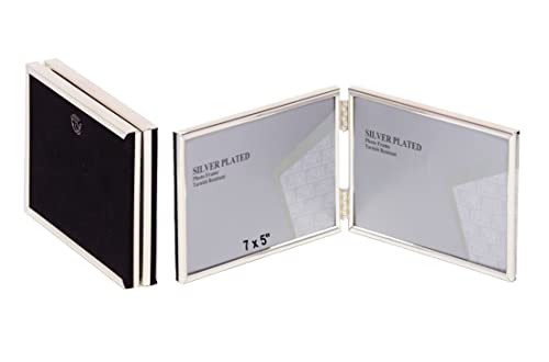 7 x 5-inch Silver Thin Edge DOUBLE LANDSCAPE Photo Frames with hooks, can stand and hang - Velveteen Backing - Tarnish Resistant (7 x 5-inch)