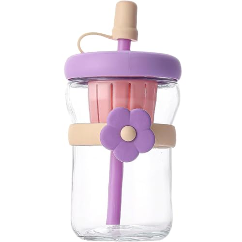 Image of 500ml Glass Sipper Bottle with Flower Band - 1 Pc Multicolor, Built-in Juicer & Straw, Leakproof Lid, Cute Aesthetic Drinkware for Kids & Adult
