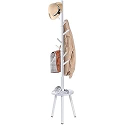 Perchero Madera Maciza Yawinhe Perchero de Pie, Perchero en Forma de Árbol, Perchero de Madera Maciza, Altura de 182 cm, Con 8 Ganchos e 1 Estantes, Para Abrigos, Sombreros, Bolsos, Blanco