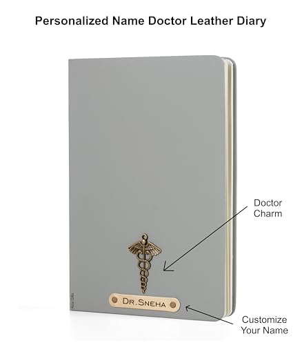 Image of AICA Personalized Name & Charm Doctor Leather Notebook Diary - A5 Size, 180 Ruled Pages (Grey) | Customized Gift for Doctors Retirement Farewell Appraisal Birthday For Men Women Girls Boys