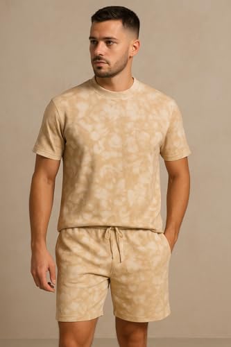 Miza Mens Summer T-Shirt and Shorts Set Mesh Light Material Tie Dye Fashion Multicolor Youth Men (Beige, L)
