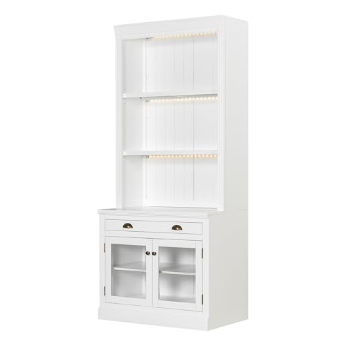 Image of 83.4 inch White Tall Bookshelf with 3-Layers LED Lighting, Modern Bookcase with 2 Glass Doors and 1 Drawer,Storage Bookcase with Open Shelves for Living Room,Home Office (White+Glasses)