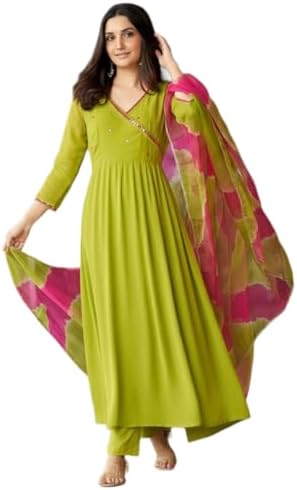 ANNI Designer Women's Rayon Viscose Anarkali Mirror Work Kurta with Pant & Dupatta (Bhadresh Green_L_Green_Large)