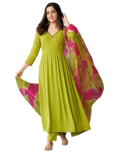 Image of ANNI Designer Women Rayon Viscose Anarkali Kurta with Pant and Dupatta | Mirror Work Long Kurta Set | Ladies Ethnic Wear Traditional Clothing for Women