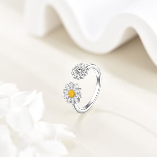 AOBOCO Daisy Open Adjustable Ring 925 Sterling Silver Flower Ring for Women Wedding Statement Finger Rings Comfort Fit Dainty Engagement Birthday Mother's Day Jewelry Gift4