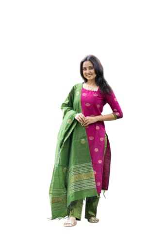 Image of Women's Cotton Silk Kurta Set with Dupatta | Embroidered Straight Kurti with Matching Pants | Traditional Ethnic Wear Suit for Festive, Casual & Office Wear
