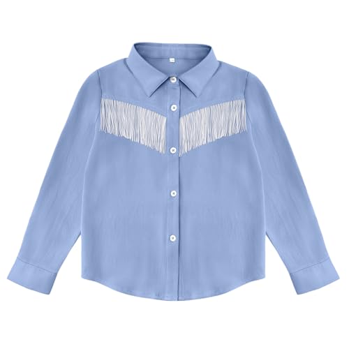 Image of Girls Fringe Shirt Sleeveless Button Down Western Cowgirl Tassel Trim Casual Blouse Shirt Top 4-13Y