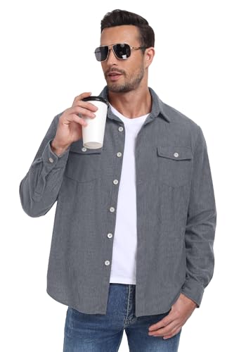 Image of Askdeer Men's Corduroy Button Down Shirts Long Sleeve Casual Shacket Jacket Western Corduroy Shirt Jacket with Flap Pockets