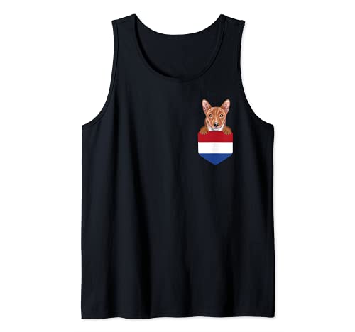 Netherlands Flag Basenji Dog In Pocket Tank Top, Black