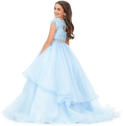 Girls Pageant Dress Ruffles A-Line V-Neck Crystal Prom Puffy Party Ball Gowns with Train PT1493