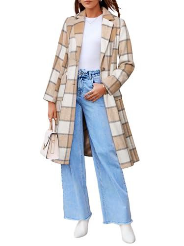 Image of Simplee Womens Wool Blend Trench Coat Winter Plaid Shacket Jacket Casual Fall Tartan Coats Lapel Clothing with Pockets(Khaki L)
