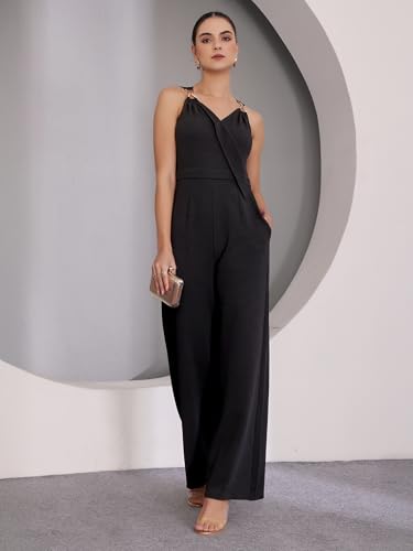Image of Miss Chase Women's Halter Neck Sleeveless Solid Wide Leg Sequin Paneled Regular Length Jumpsuit