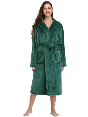 RONGTAI Damen Bademantel aus Plüsch mit Kapuze und Taschen, flauschige Nachtwäsche, Grün (Oil Green), XX-Large