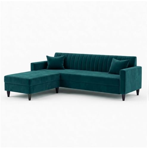Image of FURNY Avvono 4 Seater L Shape Sofa Set with Movable Ottoman | Flexible Left or Right Layout | Plush Velvet Fabric (Greenish Teal) | Perfect for Living Room, Guest Room & Office