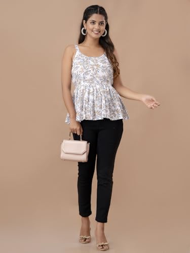 Image of feranoid Women Cotton Printed Sleeveless Strap Peplum Top