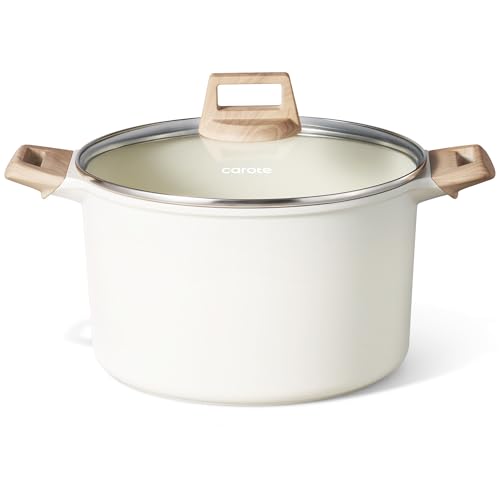 CAROTE Nonstick Stock Pot with Lid 8 Quart White Granite