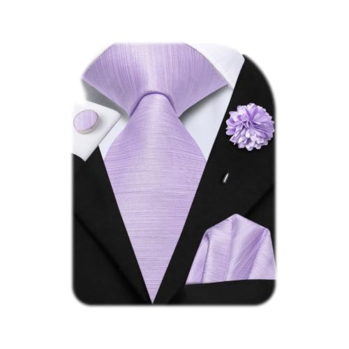 Image of Hi-Tie Men Silk Ties Set with Flower Lapel Pin Necktie Pocket Square Cufflinks for Tuxedo Wedding Business