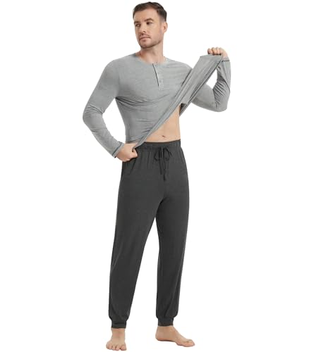 Image of NACHILA Mens Pajamas Set Long Sleeve Henley Sleepwear Top Soft Jogger Pants Pajamas Cool Pjs Set,Viscose Made from Bamboo