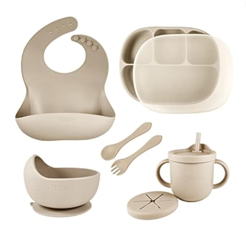 Image of Littlesol Baby Led Weaning Supplies - Complete Silicone Feeding Set - Suction Plate, Bowl, Spoon, Fork, Bib, Water & Snack Cup - BPA Free - Dishwasher Safe (Beige)