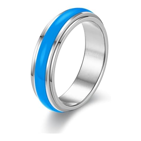 WOYNJI 6mm Stainless Steel Anxiety Ring with Luminous Enamel Glow in Dark Statement Spinner Rings for Women Men, Rotatable Blue Size 10 Cover
