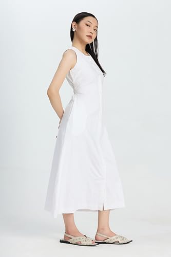 Image of Women's White Midi Dress | Sleeveless Round Neck, A-Line, Side Pockets, Office Wear Dress