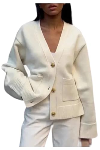 Vakkest Women's Cropped Cardigan Sweater Trendy Knitted Long Sleeve V Neck Tops Button Down Coat Outwear with Pocket