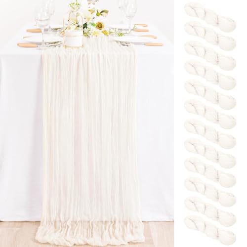 Image of MLMC 12 Pack Ivory White Cheesecloth Table Runner Rustic Gauze White Cheese Cloth Table Runner 10ft Boho Cheese Cloth Centerpiece 35x120 Inches for Dessert Anniversary Wedding Bridal Shower Decor