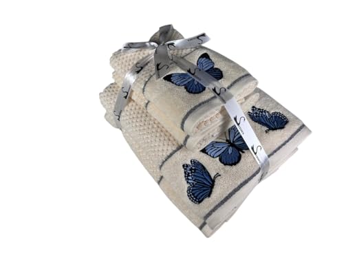 Image of SENSES By Riba Cotton Embroidered Towel Set, 550 GSM Soft & Absorbent, Antimicrobial, Oeko-Tex Certified | Ideal for Home & Gifting, Pack of 4 (2 Bath 27 inchX50 inch + 2 Hand Towels 16 inchX26 inch) - Style 11