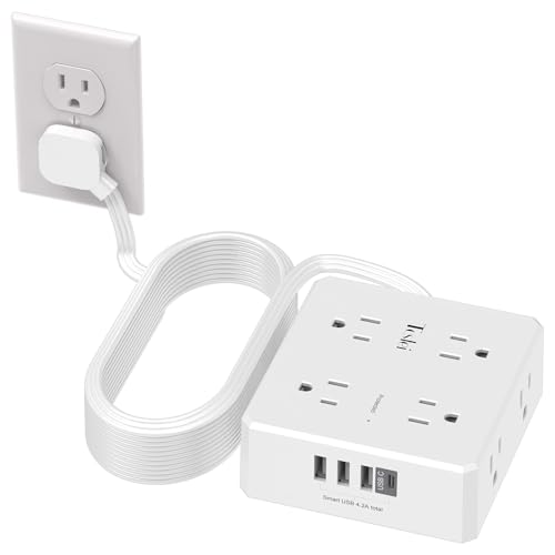 20 Ft Flat Extension Cord Tcstei Ultra-Thin Flat Plug Surge Protector Power Strip 3-Sided Outlet Extender 8 AC Outlets and 4 USB Ports(1 USB C) for Home Office Dorm Room Essentials White