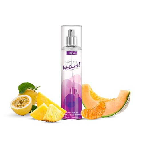 Image of Layer'r Wottagirl Secret Crush Body Splash for Women 150ml | Long-lasting body splash with mandarin, pineapple & vanilla notes. Fresh fruity fragrance for everyday wear.