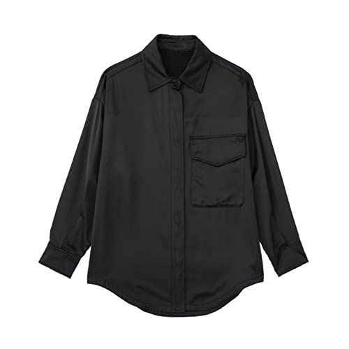 Manteau Vintage en Texture Soie Satinée Noire : Surchemise Chic d'Automne de Haute Qualité