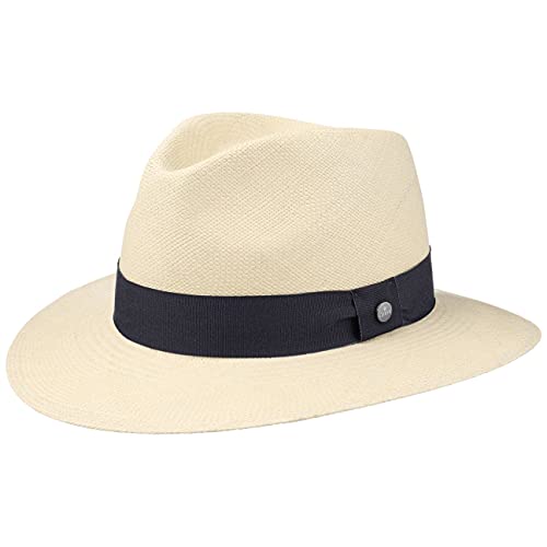 LIERYS Cappello Panama Sophisticated Uomo/Donna - Realizzato a Mano in Ecuador - Cappello di Paglia Panama - Cappello Estivo con Nastro Decorativo in Gros-Grain Naturale-Blu Scuro S (55-56 cm)