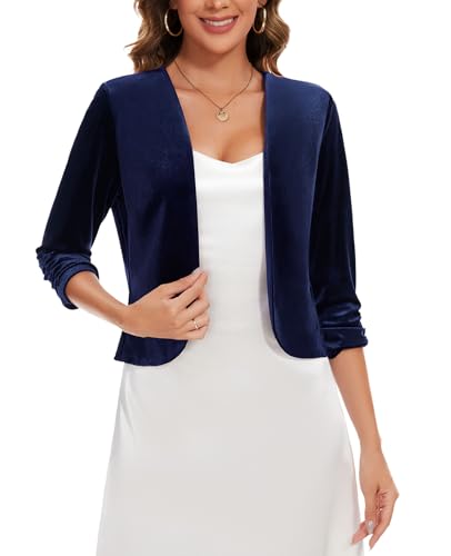 MINTLIMIT Velvet Blazers for Women 3/4 Ruched Sleeve Open Front Casual Work Office Cropped Cardigan Suit Jacket3