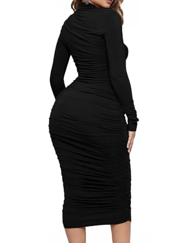Ekaliy Women's Ruched Bodycon Midi Dress Mock Neck Long Sleeves Party Club Dresses3