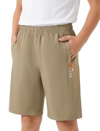 Ewbob Boys Shorts Quick Dry Sports Shorts with Zip Pockets Khaki 12-13Y