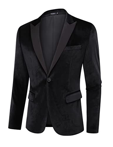 TURETRENDY Men's Velvet Blazer One Button Solid Slim Fit Wedding Blazer Luxury Velour Suit Jacket for Dinner,Prom,Party Black L2