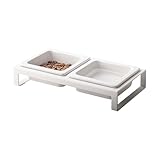 yamazaki home tower steel and ceramic pet food stand 2 bowls for food and water feeder for small cats and dogs non slip short 1 25 cups 300 milliliters per bowl